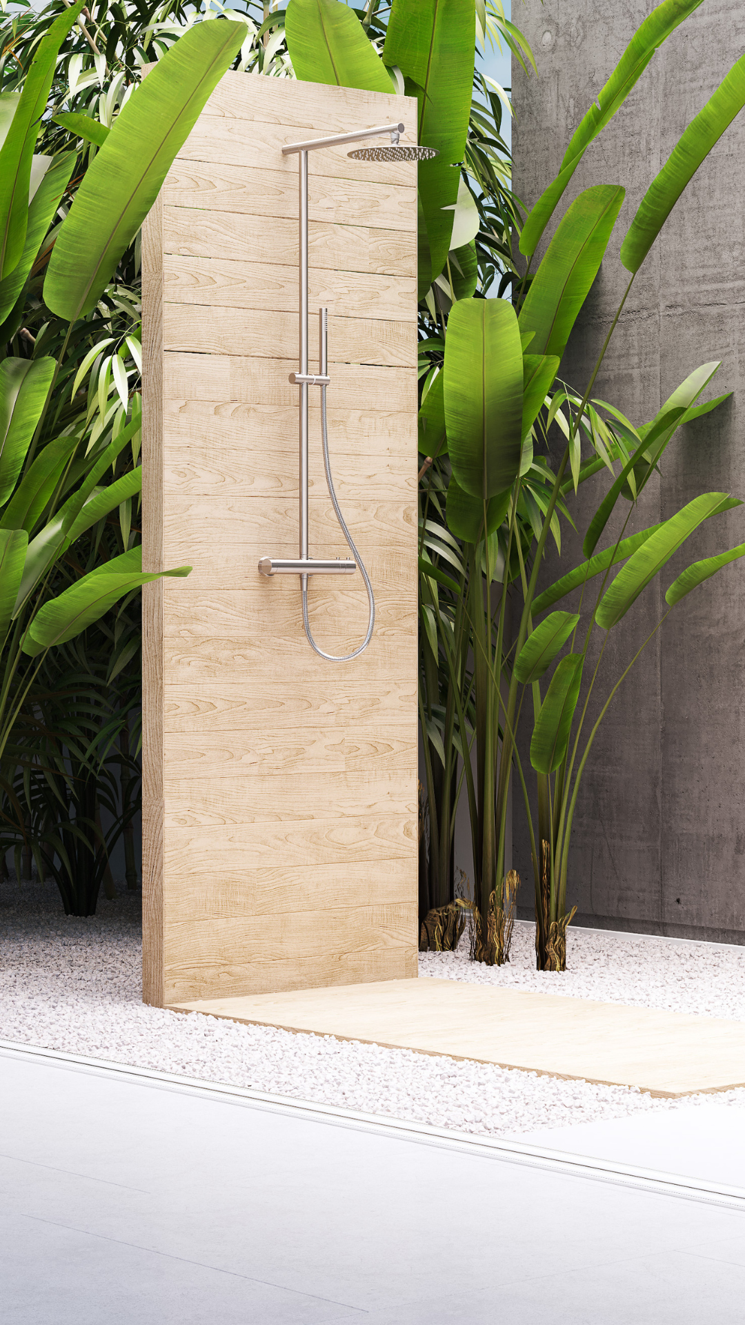 modern outdoor shower in a luxury villa next to the swimming pool and greenary 